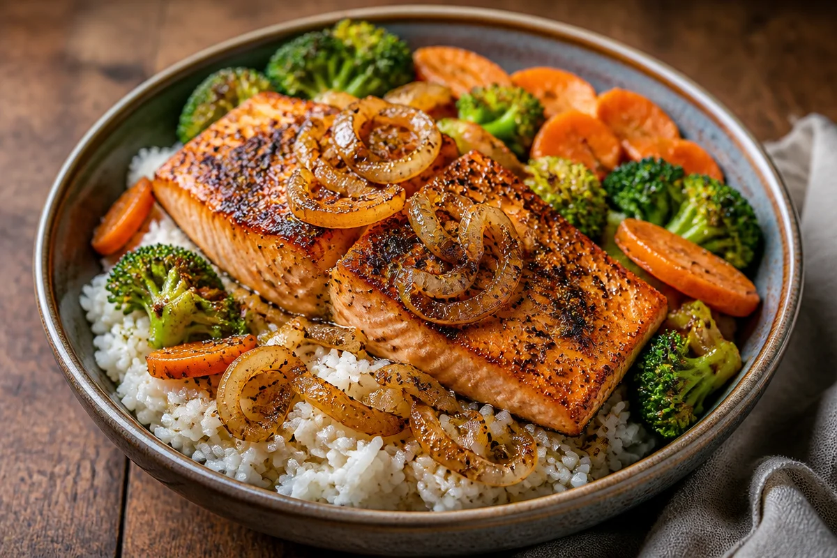 Crispy Garlic Pepper Salmon Rice Bowl