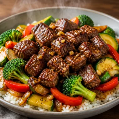 Crispy garlic steak rice bowl topped with fresh vegetables and herbs