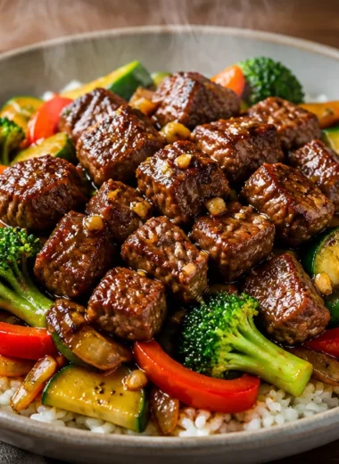 Crispy garlic steak rice bowl topped with fresh vegetables and herbs