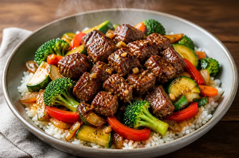 Crispy garlic steak rice bowl topped with fresh vegetables and herbs