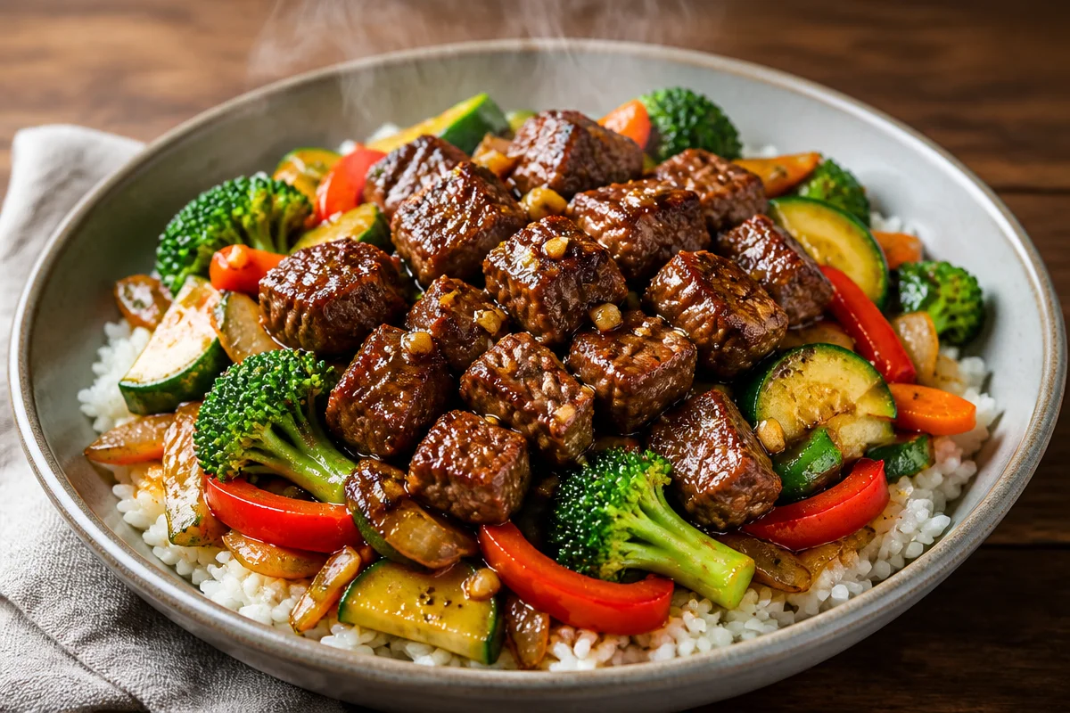 Crispy Garlic Steak Rice Bowl With Veggies
