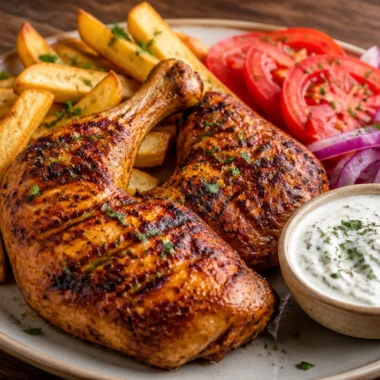Crispy grilled chicken served with a side of golden fries on a plate
