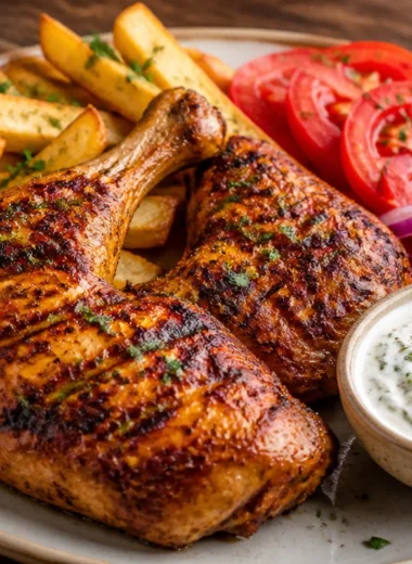 Crispy grilled chicken served with a side of golden fries on a plate