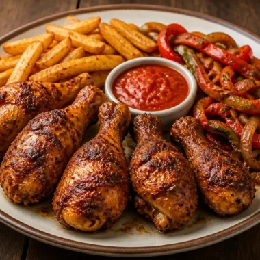 Delicious crispy grilled chicken served with golden fries on a plate.