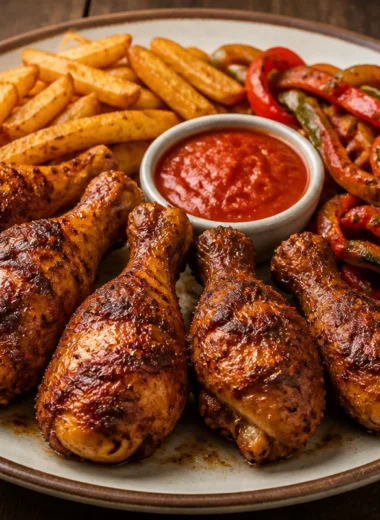 Delicious crispy grilled chicken served with golden fries on a plate.