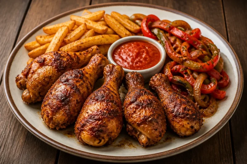 Delicious crispy grilled chicken served with golden fries on a plate.