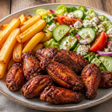 Crispy grilled chicken wings garnished with herbs