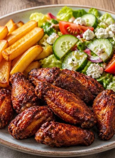 Crispy grilled chicken wings garnished with herbs