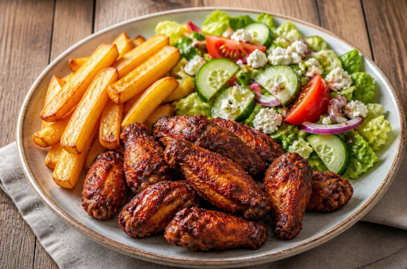 Crispy grilled chicken wings garnished with herbs