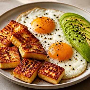 Healthy Crispy Halloumi, Eggs, and Avocado Power Plate for breakfast