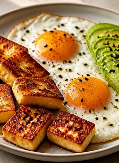 Healthy Crispy Halloumi, Eggs, and Avocado Power Plate for breakfast