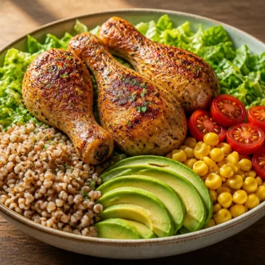 Crispy herb roasted chicken grain bowl with colorful vegetables and grains