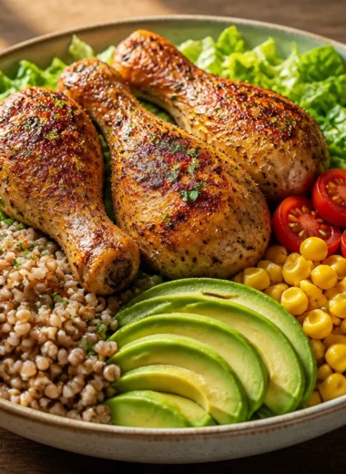 Crispy herb roasted chicken grain bowl with colorful vegetables and grains