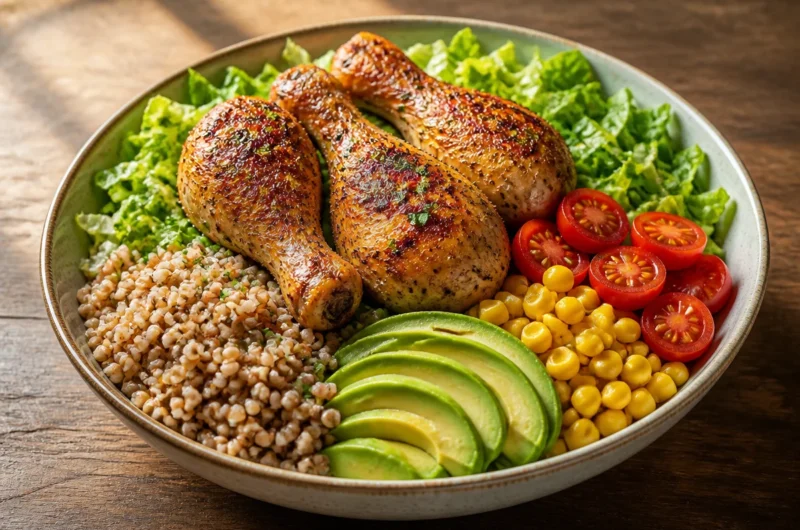 Crispy herb roasted chicken grain bowl with colorful vegetables and grains