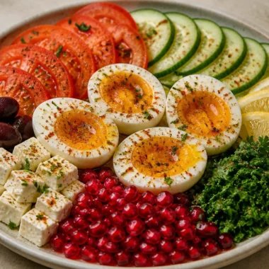 Crispy Mediterranean egg served with fresh vegetables on a colorful plate