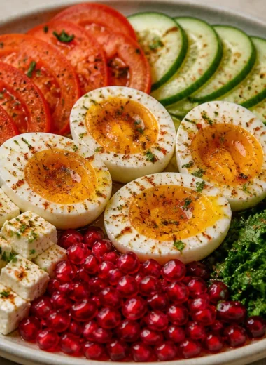 Crispy Mediterranean egg served with fresh vegetables on a colorful plate