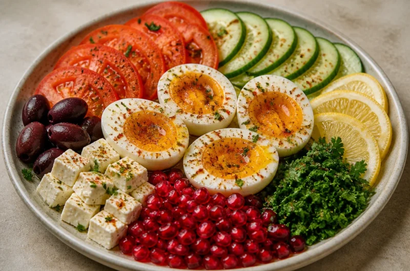 Crispy Mediterranean egg served with fresh vegetables on a colorful plate