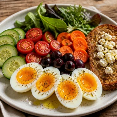 Crispy protein breakfast plate featuring eggs, spinach, and whole grains.