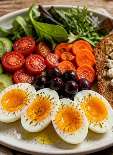 Crispy protein breakfast plate featuring eggs, spinach, and whole grains.