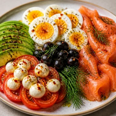 Crispy protein power breakfast plate with eggs, veggies, and grains.