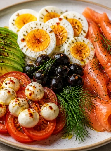 Crispy protein power breakfast plate with eggs, veggies, and grains.