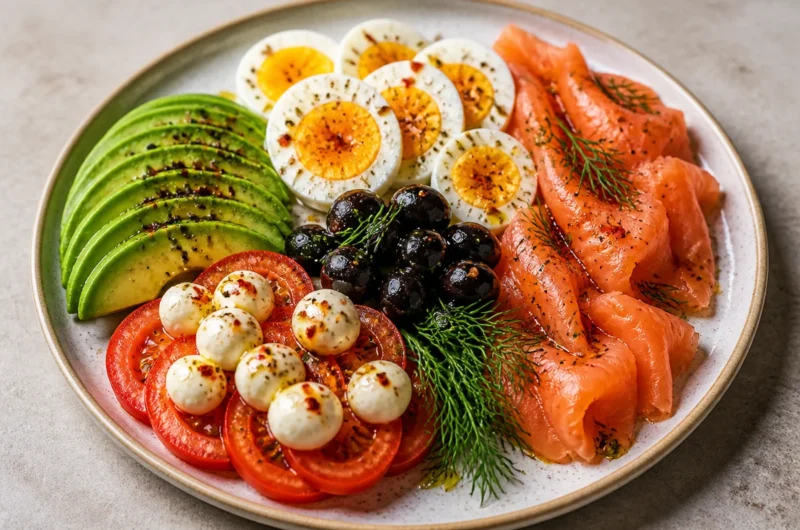 Crispy protein power breakfast plate with eggs, veggies, and grains.