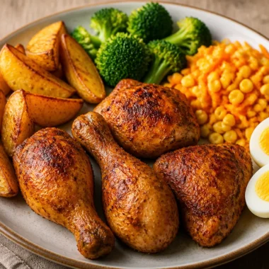 Crispy roast chicken power plate with vibrant vegetables and grains.