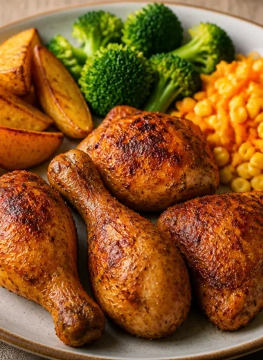 Crispy roast chicken power plate with vibrant vegetables and grains.