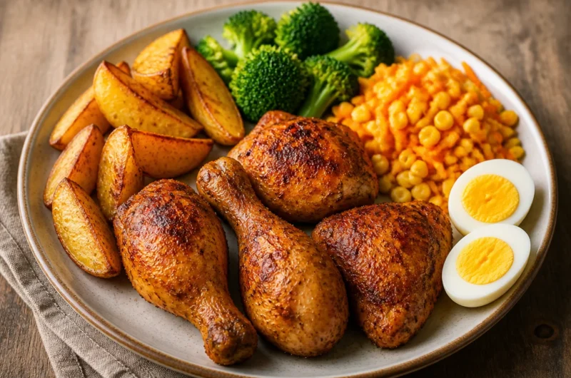 Crispy roast chicken power plate with vibrant vegetables and grains.
