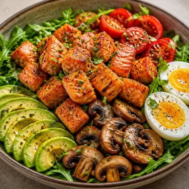 Crispy Salmon Protein Power Bowl with colorful veggies and grains
