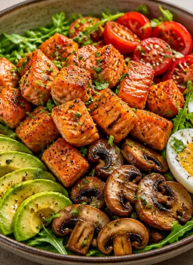 Crispy Salmon Protein Power Bowl with colorful veggies and grains