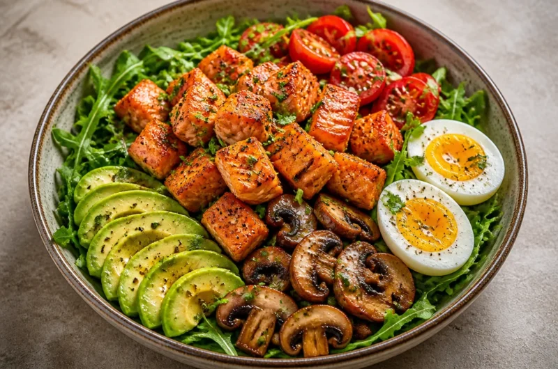 Crispy Salmon Protein Power Bowl with colorful veggies and grains