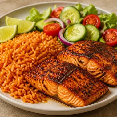 Crispy salmon rice plate with garnishes and side vegetables.