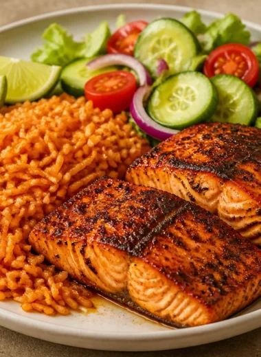 Crispy salmon rice plate with garnishes and side vegetables.