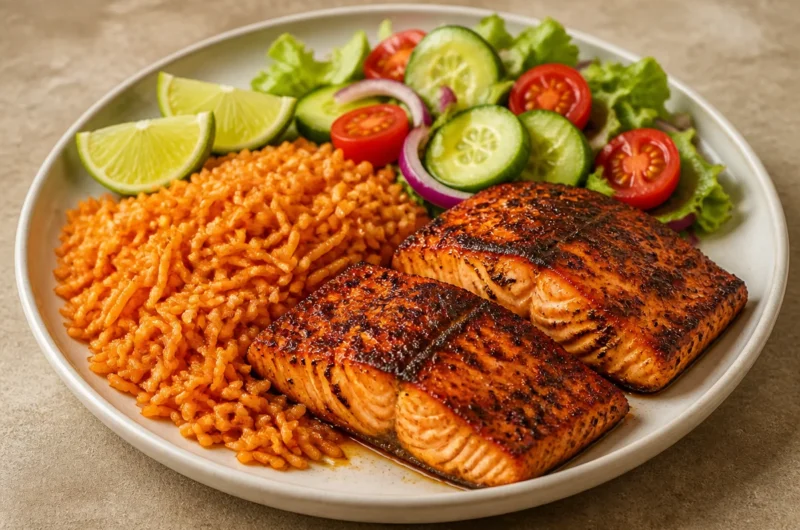 Crispy salmon rice plate with garnishes and side vegetables.