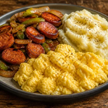 Crispy sausage breakfast plate with eggs and toast