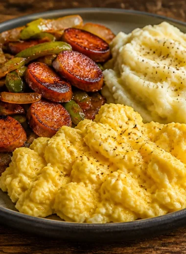Crispy sausage breakfast plate with eggs and toast