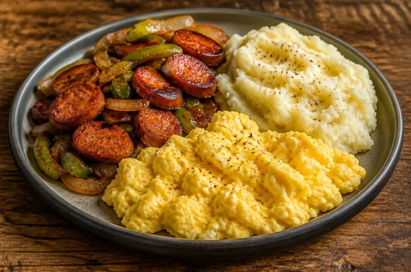 Crispy sausage breakfast plate with eggs and toast