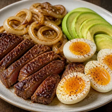 Crispy steak served with eggs and avocado on a plate