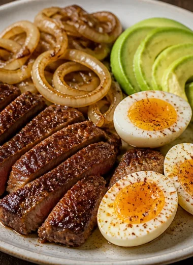 Crispy steak served with eggs and avocado on a plate