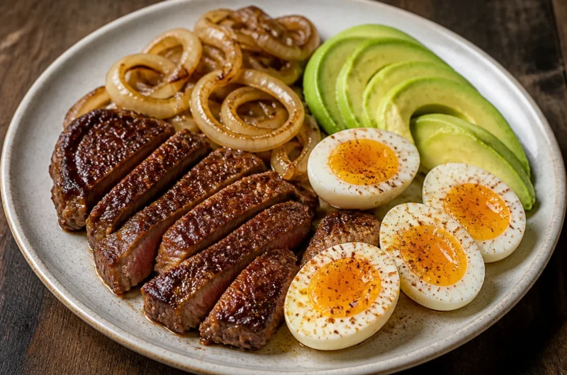 Crispy steak served with eggs and avocado on a plate