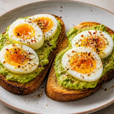 Golden avocado egg toast topped with a perfectly cooked egg and herbs.