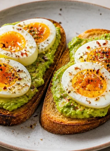 Golden avocado egg toast topped with a perfectly cooked egg and herbs.