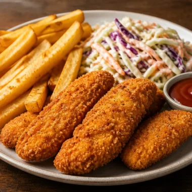 Golden Chicken Tenders Plate served with dipping sauce and sides