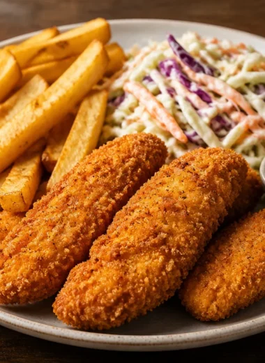 Golden Chicken Tenders Plate served with dipping sauce and sides