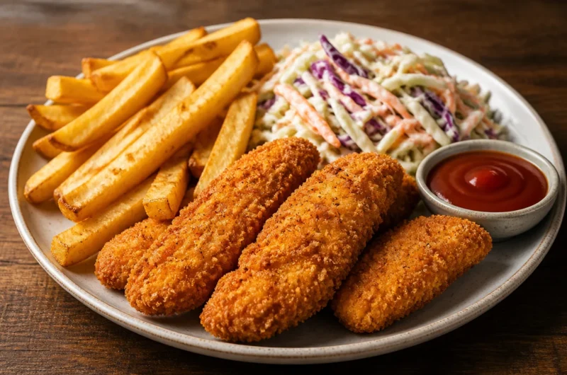 Golden Chicken Tenders Plate served with dipping sauce and sides