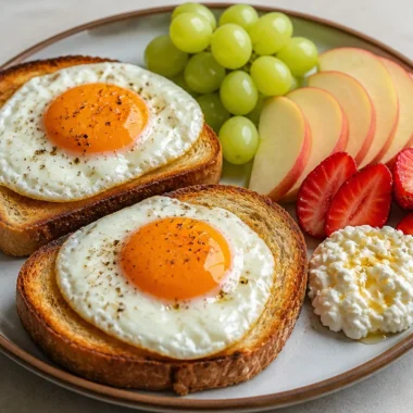 Golden Egg Toast served with a colorful fruit plate