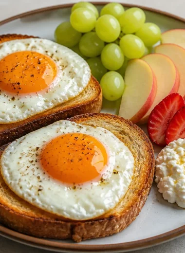 Golden Egg Toast served with a colorful fruit plate