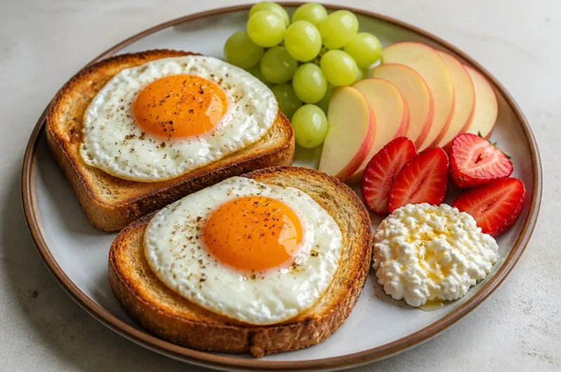 Golden Egg Toast served with a colorful fruit plate