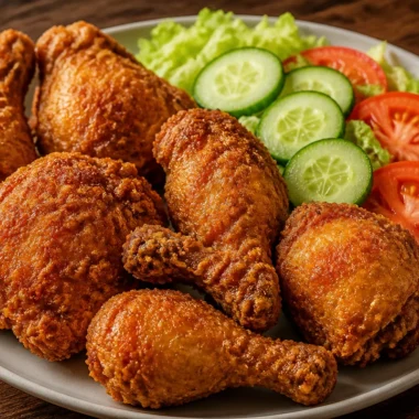 Golden fried chicken served with a fresh salad plate